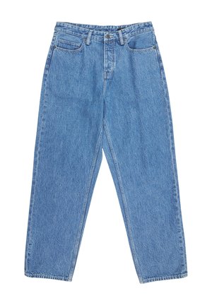 Lyseblå denim jeans, høj talje, lige ben, fem-lomme stil, med kontraststing og lukning med knap foran.