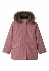 Pink outerwear jacket with a faux fur hood, two front pockets, and cinched waist. Smooth fabric with a matte finish and gold hardware accents.