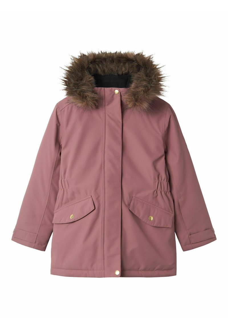 Pink outerwear jacket with a faux fur hood, two front pockets, and cinched waist. Smooth fabric with a matte finish and gold hardware accents.