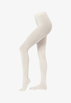 Las medias blancas tienen un acabado suave y ligeramente texturizado con una cintura alta. Las piernas son ajustadas y llegan hasta el tobillo.