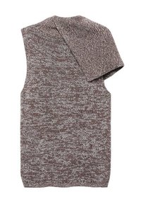 Pull en tricot marbré marron et beige, à manches courtes, avec un col rond et un tissu texturé et doux. Le design est simple et sans coutures.
