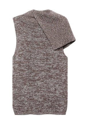 Brown and beige marled knit sweater, short sleeve, with a rounded neckline and a textured, soft fabric. Design is simple and seamless.