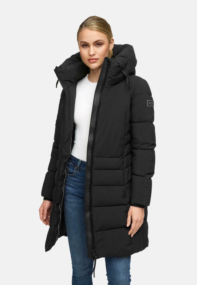 Black puffer coat with a high collar and hood, featuring a padded design, zip front, and side pockets. Subtle logo detail on sleeve.