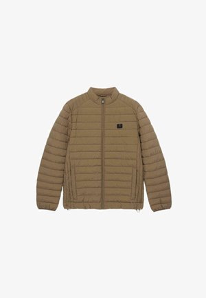 Giacca trapuntata beige con colletto rialzato, zip frontale e due tasche laterali. Presenta un piccolo logo nero sul petto.