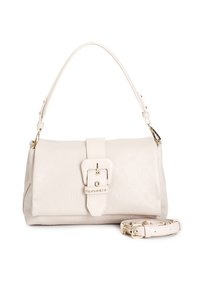 Borsa a mano beige chiaro realizzata in pelle texturizzata. Caratterizzata da una grande chiusura a fibbia e una tracolla rimovibile. Accessori in tonalità oro.