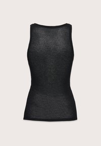 Czarny bezrękawnik o dopasowanym kroju, z fakturowanej tkaniny i gładkim dekoltem. Posiada jednolity kolor i prosty dół.