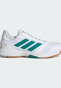 Chaussure de sport blanche avec des rayures bleu-vert, tige en mesh et synthétique, fermeture à lacets, semelle en gomme et texte "LIGRA" sur la zone du talon.