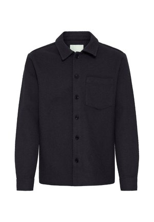 Black button-up shirt made of textured fabric, featuring a pointed collar, long sleeves, and a single chest pocket.