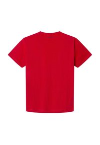 Camiseta de algodón roja con mangas cortas, escote redondo y diseño sencillo. Incluye un pequeño logo en la parte posterior cerca del escote.