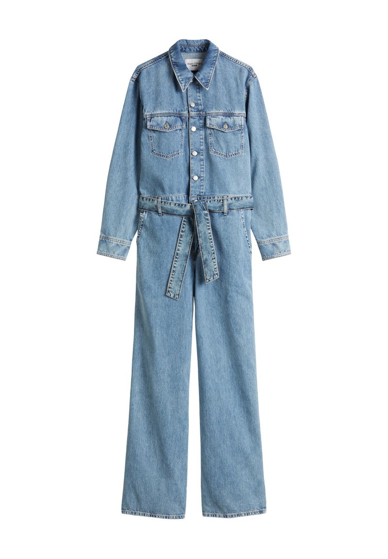 Denim jumpsuit in light blue with long sleeves, collar, two chest pockets, waistband with belt, and wide-leg design.