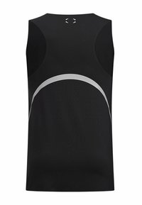 Maglietta sportiva nera senza maniche con una texture liscia, caratterizzata da un design curvo bianco e fori di ventilazione per la traspirabilità.