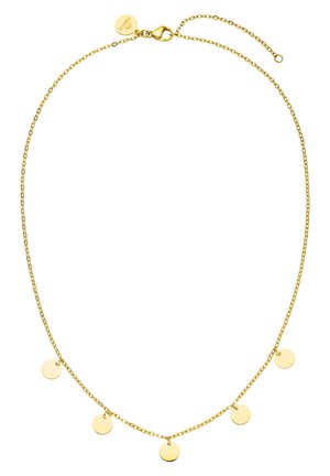 Feine Halskette aus Gold mit fünf gleichmäßig verteilten kleinen runden Scheibenanhängern und einem verstellbaren Karabinerverschluss.