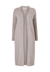 Long, open-front cardigan in soft beige knit. Features long sleeves and a smooth texture, with no visible fasteners or patterns.