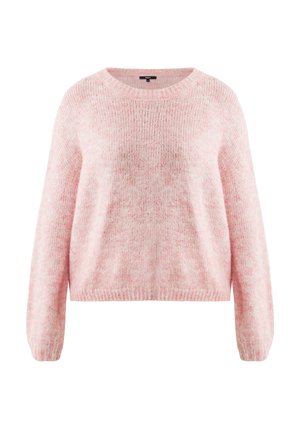 Roze gebreide trui met een ronde hals, lange mouwen en een geribde zoom, gemaakt van een zachte, gestructureerde stof met een licht pluizige uitstraling.