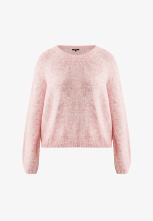 Rosa gestrickter Pullover mit rundem Ausschnitt, langen Ärmeln und geripptem Saum, aus weichem, strukturiertem Stoff mit leicht flauschigem Erscheinungsbild.