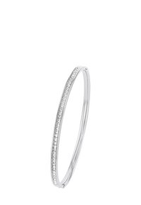 Bracciale d'argento con un design snodato, caratterizzato da una fila di piccole gemme trasparenti incastonate su un lato, creando una delicata intesa di luci.