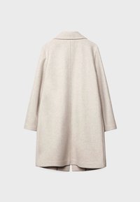 Beige uldfrakke med en klapkrave, lange ærmer og en afslappet pasform. Har et rent rygdesign uden synlige lukninger eller lommer.