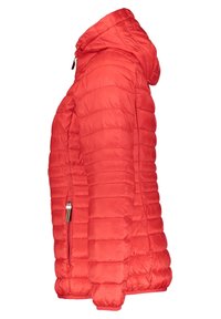 Doudoune rouge avec capuche, quilting horizontal et poche latérale zippée. Fabriquée en matériau léger et lisse.