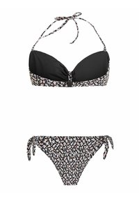 Bikini-set met bloemenprint op een zwarte basis, met een gepadded haltertop met verstelbare strikjes en een bijpassende zijstrik-badbroek.