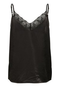 Camisole nera in satin con spalline regolabili, caratterizzata da un bordo in pizzo a scallop lungo il collo a V. Texture liscia e design leggero.