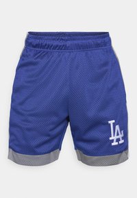 Blue mesh sports shorts with a gray trim. Features an elastic waistband and a white "LA" logo on the left leg. Lightweight and breathable fabric.