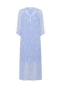 Light blue, sheer kaftan with floral pattern, V-neckline, and three-quarter sleeves. Flowing design with a relaxed fit, ankle-length.