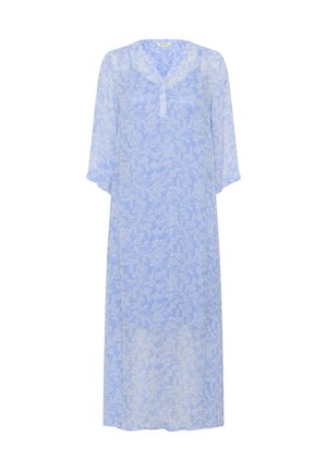 Lichtblauwe, doorzichtige kaftan met bloemenpatroon, V-hals en driekwart mouwen. Vloeiend ontwerp met een ontspannen pasvorm, enkel-lang.