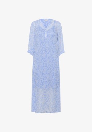 Kaftan azzurro chiaro e trasparente con motivo floreale, scollatura a V e maniche a trequarti. Design fluido con una vestibilità comoda, lungo fino alla caviglia.