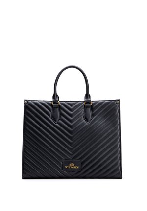 Borsa nera in pelle con motivo a chevron trapuntato, due manici e placca con logo "Wittchen" dorata al centro frontale.