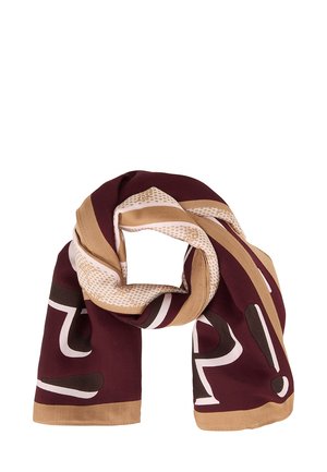 Opgevouwen rechthoekige sjaal in bordeaux, beige en donkerbruin met opvallende abstracte patronen en geometrische vormen.