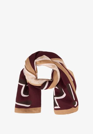 Écharpe rectangulaire pliée aux couleurs bordeaux, beige et brun foncé, ornée de motifs abstraits audacieux et de formes géométriques.