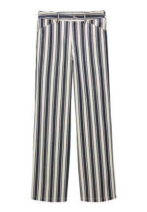 Pantalon blanc à rayures verticales noires, coupe droite et fermeture avant par bouton avec passants pour ceinture.