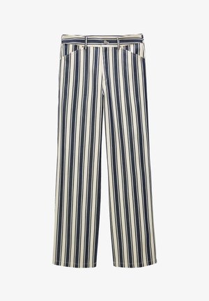 Pantalon blanc à rayures verticales noires, coupe droite et fermeture avant par bouton avec passants pour ceinture.