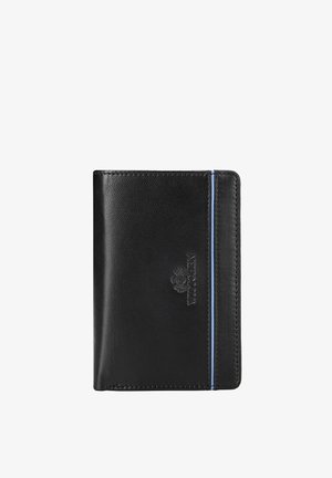 Černá kožená peněženka s dvojtým skládáním, s vyraženým logem značky a tenkým vertikálním světle modrým pruhem blízko pravého okraje.