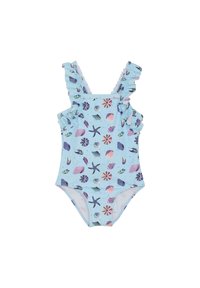 Blå baddräkt i ett stycke med volangaxlar, prydd med ett mönster av snäckor och sjöstjärnor i rosa, lila och grönt på en ljusblå bakgrund.