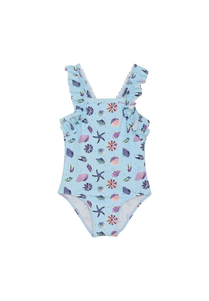 Blå baddräkt i ett stycke med volangaxlar, prydd med ett mönster av snäckor och sjöstjärnor i rosa, lila och grönt på en ljusblå bakgrund.