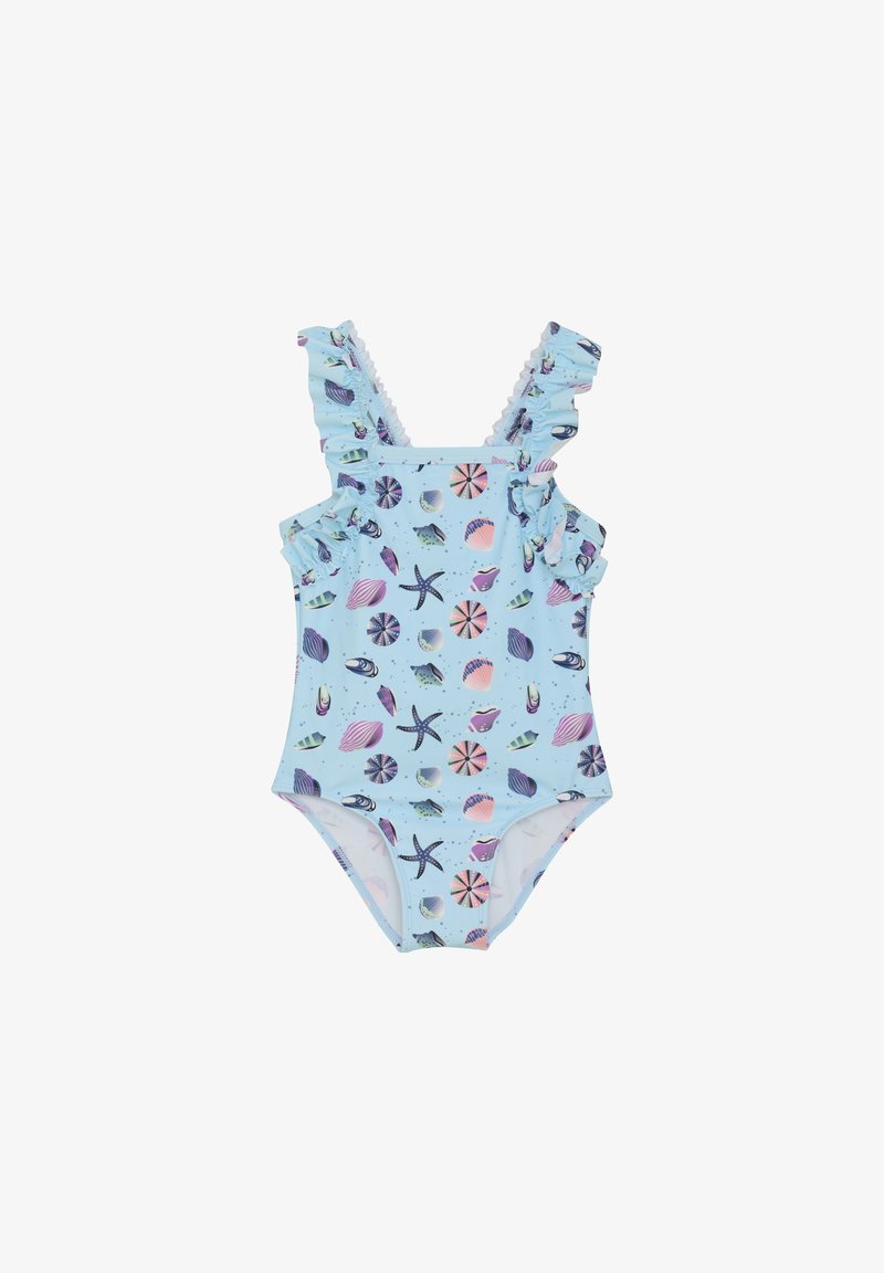Blå baddräkt i ett stycke med volangaxlar, prydd med ett mönster av snäckor och sjöstjärnor i rosa, lila och grönt på en ljusblå bakgrund.