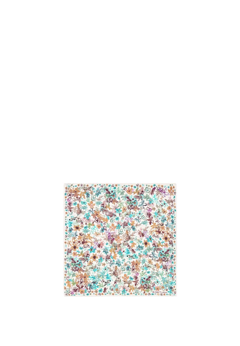 Chustka w kwiaty z pastelowym białym tłem, z wielokolorowymi kwiatami w odcieniach różu, turkusu i brązu. Kwadratowy kształt, lekki materiał.