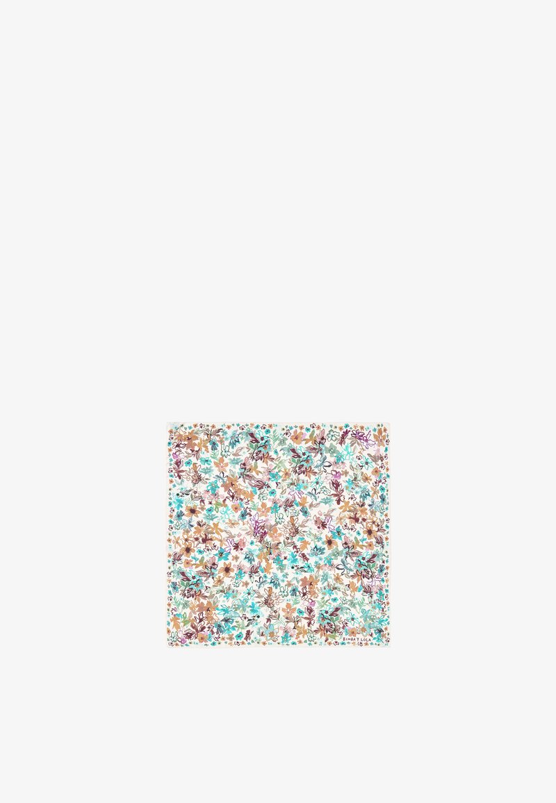 Chustka w kwiaty z pastelowym białym tłem, z wielokolorowymi kwiatami w odcieniach różu, turkusu i brązu. Kwadratowy kształt, lekki materiał.