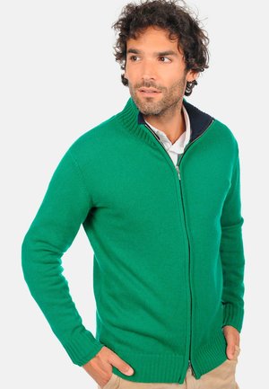 Pull d'hiver zippé vert avec des poignets et un col côtelés, en tissu texturé, avec un col intérieur bleu marine et une coupe ajustée.