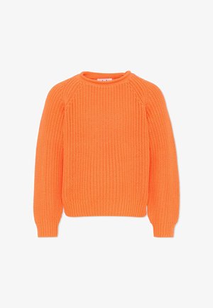 Maglione arancione lavorato a maglia con collo rotondo, polsini e orlo a costine. Presenta un motivo a rilievo e un design con maniche a raglan.