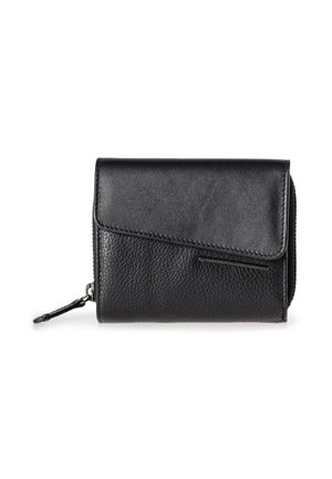 Black leather wallet with a textured finish, featuring a front flap and a zippered compartment on the side for added storage.
