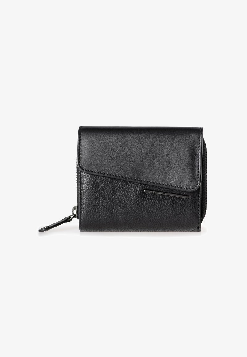 Zwarte leren portemonnee met een gestructureerde afwerking, voorzien van een voorklep en een met rits afgesloten compartiment aan de zijkant voor extra opbergruimte.