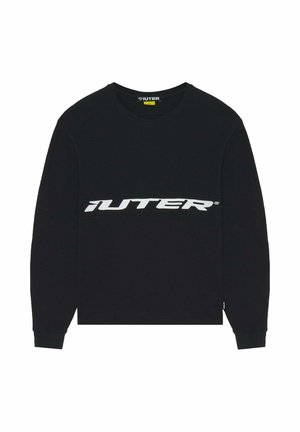 Maglione nero a maniche lunghe con scollo rotondo, logo bianco "IUTER" stampato sul petto e piccola etichetta nera del marchio sull'orlo laterale.