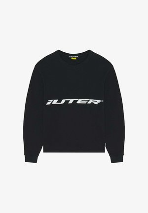 Maglione nero a maniche lunghe con scollo rotondo, logo bianco "IUTER" stampato sul petto e piccola etichetta nera del marchio sull'orlo laterale.