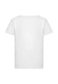 Hvid bomulds t-shirt, korte ærmer, rund halsudskæring, enkel design, glat tekstur, ingen mønstre eller grafik, har en lige nederste kant.