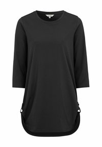 Svart lång ärmad tunika med rund halsringning och sidoknappar, tillverkad av mjukt tyg, storlek 38/40.