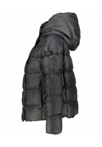 Giacca imbottita nera con cappuccio, caratterizzata da un esterno lucido, un design trapuntato e una patch con logo sulla parte superiore del braccio.