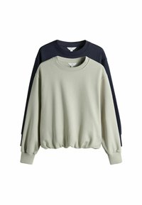 Vaaleanvihreät ja tummansiniset collegepaidat, joissa on pyöreä pääntie, pitkät hihat ja kerätty helma. Valmistettu pehmeästä kankaasta, jossa on sileä pinta.