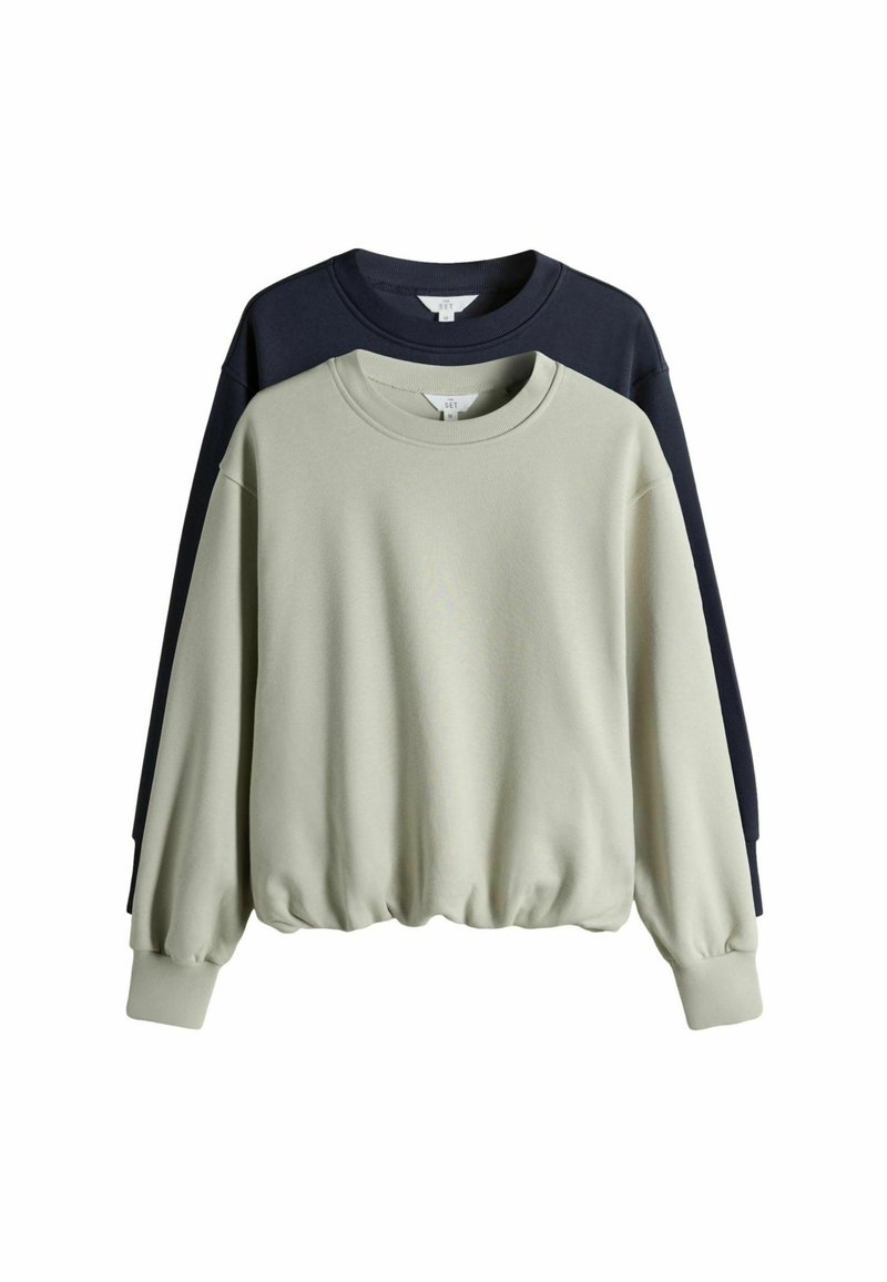 Vaaleanvihreät ja tummansiniset collegepaidat, joissa on pyöreä pääntie, pitkät hihat ja kerätty helma. Valmistettu pehmeästä kankaasta, jossa on sileä pinta.